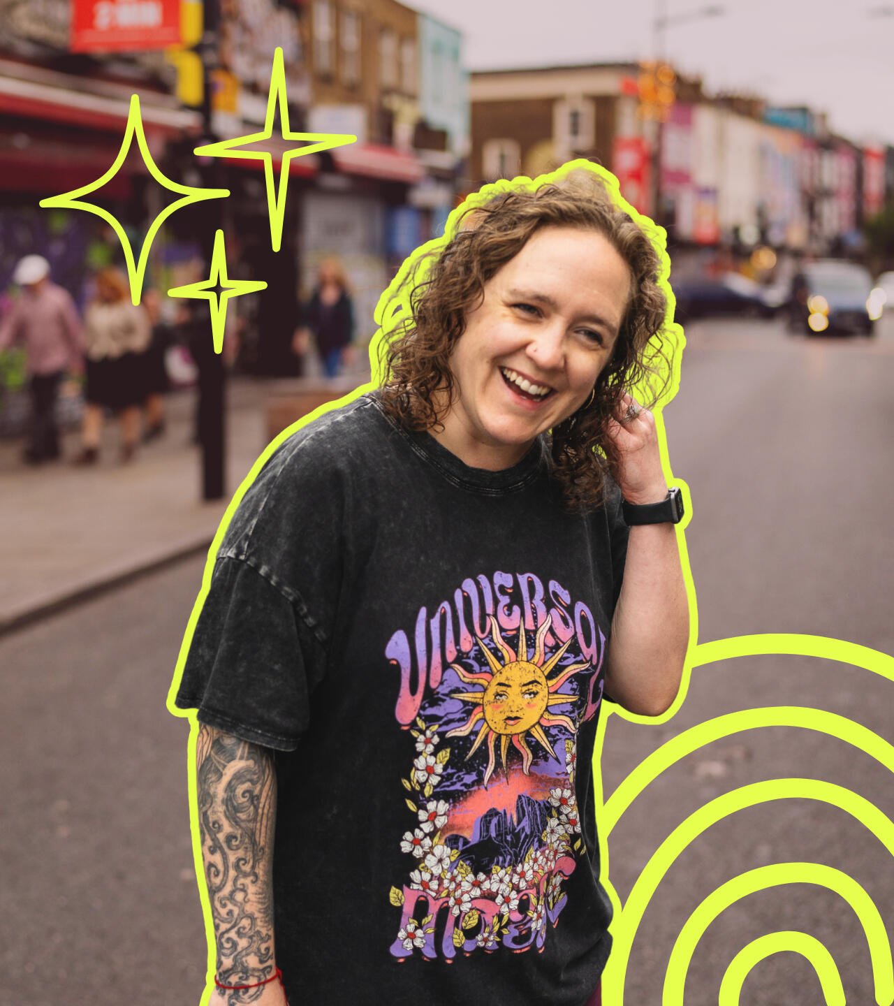 Carly of Carly Franklin Wellness smiling on the street with doodles superimposed on the image.