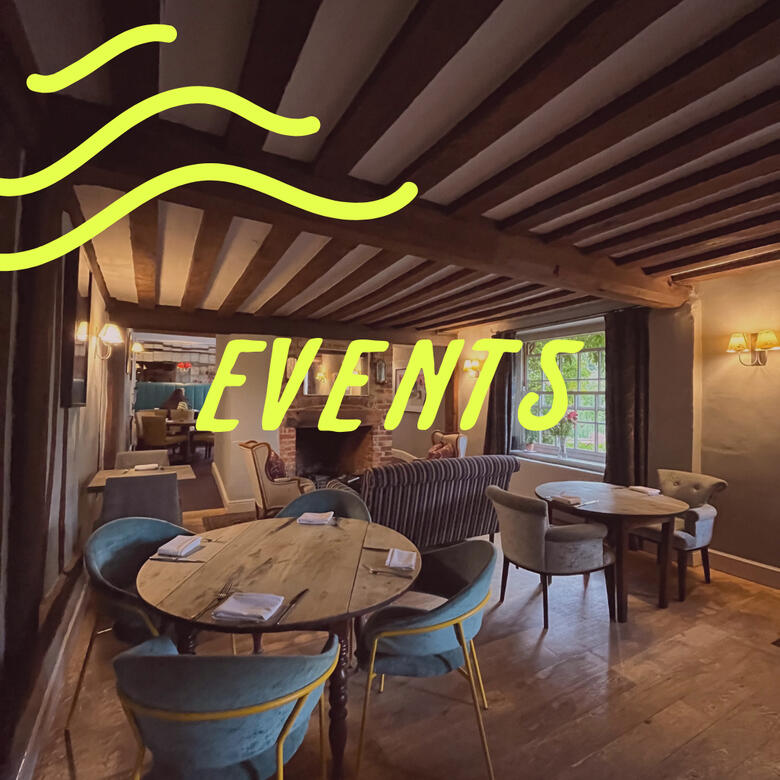 A cozy meeting space with the word "events" overlayed.